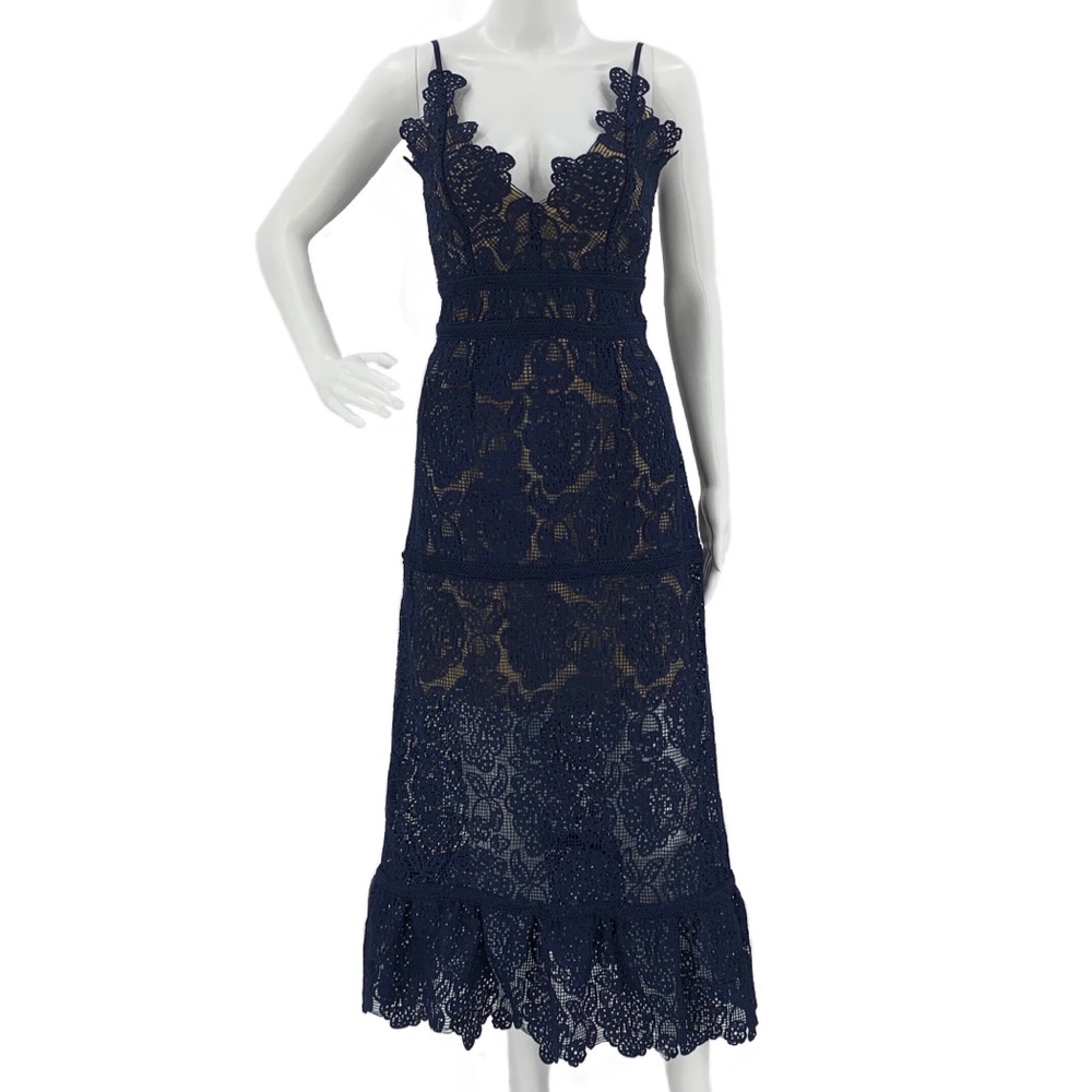 FOXIEDOX NEW Marjorie Dress Midi Navy Lace Overlay